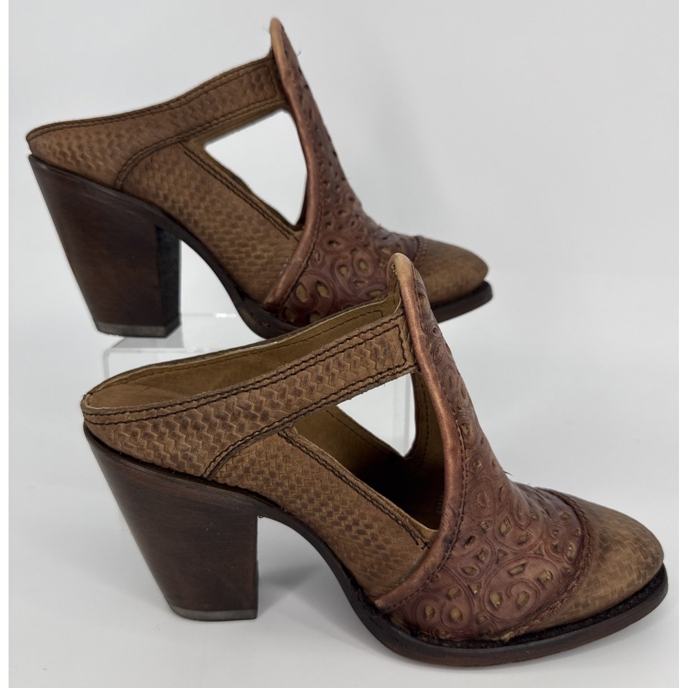 Corral Mule Heels Women 6M Brown Tooled Leather Western Slip On - Picture 2 of 12